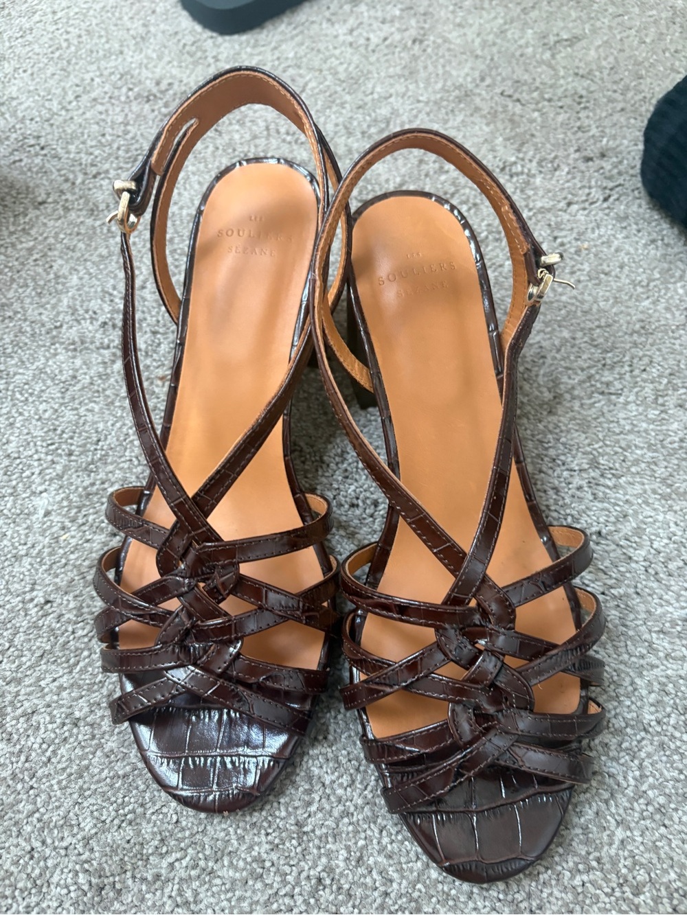 NWOT Sezane Brown Croc-Embossed Strappy Slingback Heels